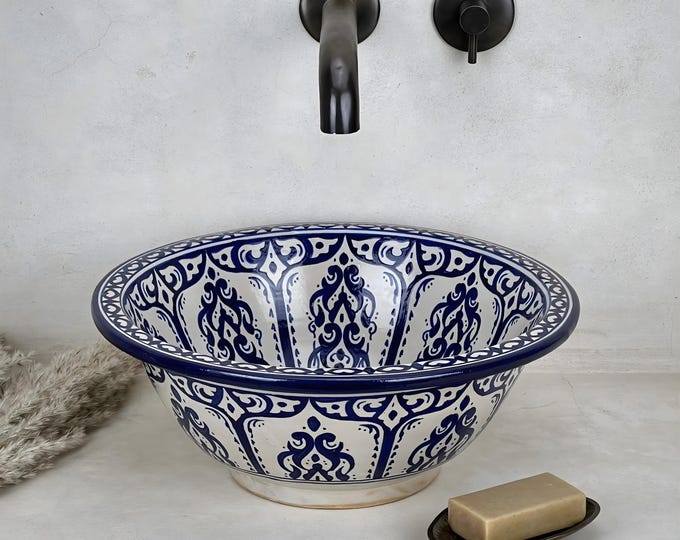 Indigo Ceramic Vessel | A Nocturnal Bloom of Hand-Painted Moroccan Lines