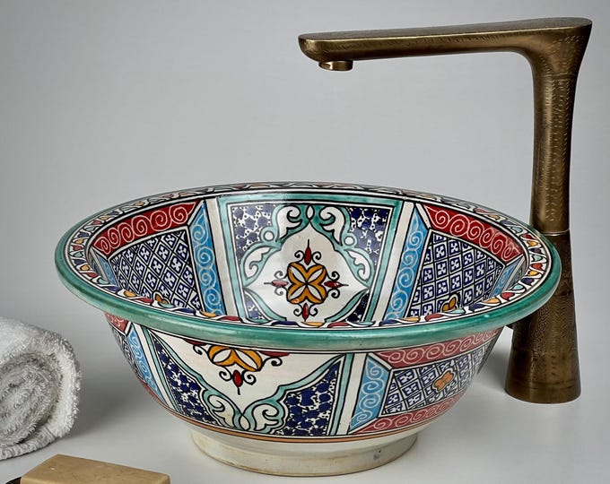 Multicolor Moroccan Vessel Sink – Hand-Painted Ceramic Washbasin with Floral Arabesques for Boho Chic or Mediterranean Vanity