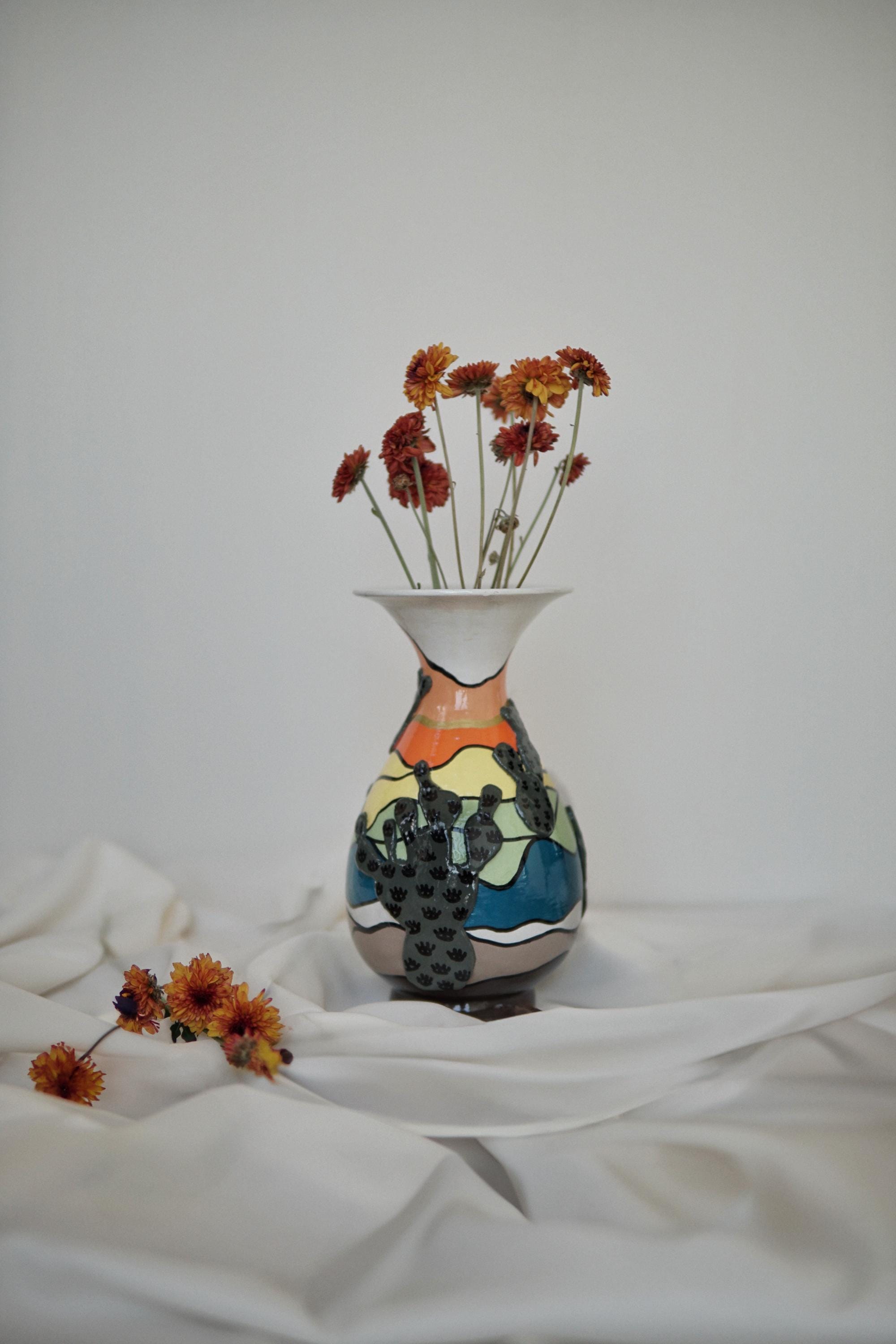 Unique Handmade Ceramic Vase, Modern Boho Pottery with Embossed Cactus, Colorful Artistic Flower First Home Gift Vase for Livingroom Kitchen