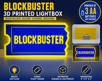 Block Buster Video 3D Printed Lightbox – Retro Movie Night LED Sign – Nostalgic Home Theater Decor !!Battery Operated!!