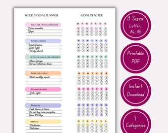 Puede incluir: Un planificador y rastreador de objetivos imprimible con el texto "GOAL PLANNER & TRACKER". El planificador incluye secciones para objetivos semanales y un rastreador de objetivos. Incluye 3 tamaños, PDF imprimible, descarga instantánea y 7 categorías.