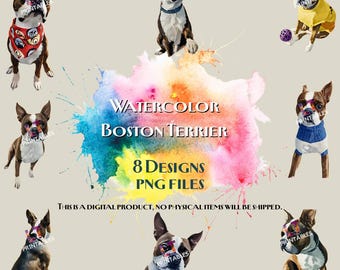 Boston Terrier Clipart | Watercolor Boston Terrier 8 PNG files | Watercolor Cute Dog.