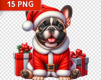 Christmas French Bulldog Clipart: 15 Santa Dog PNGs (Digital Download)