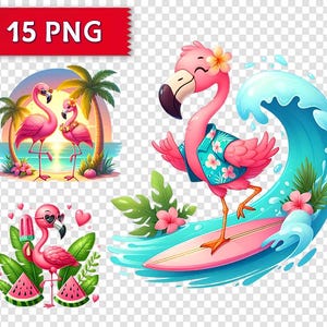 Może przedstawiać: Kolekcja kolorowych ilustracji flamingów. Jeden flaming surfuje na różowej desce surfingowej z niebieską falą. Inny flaming nosi okulary przeciwsłoneczne i trzyma loda. Obraz zawiera tekst "15 PNG".