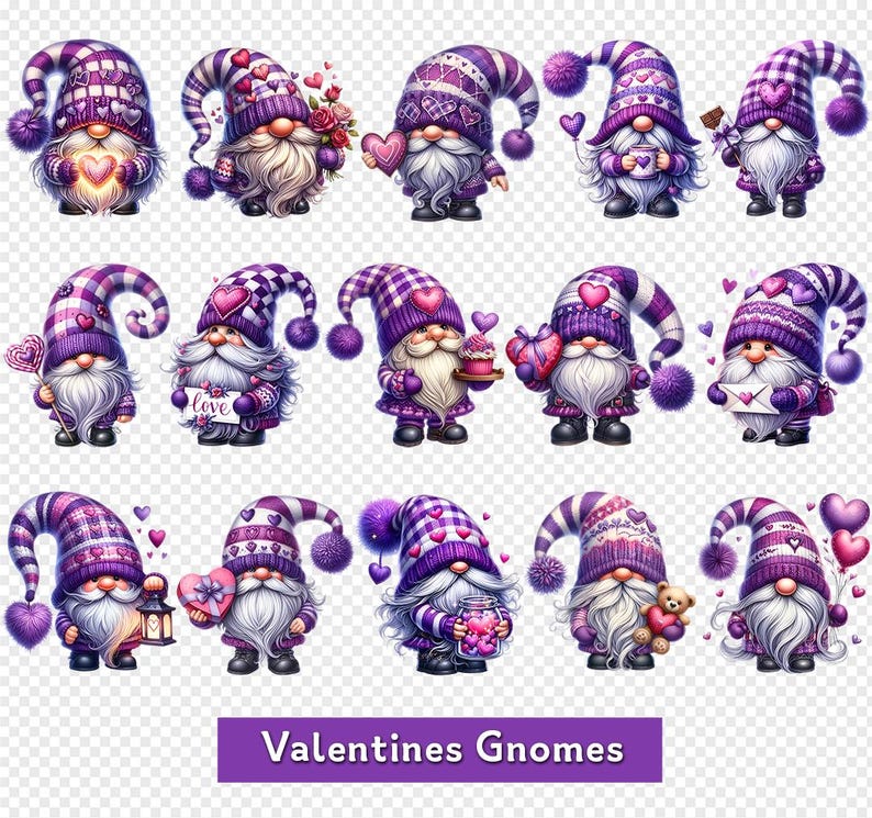 Valentine Gnome Clipart Bundle – 15 PNG Love Gnomes, Purple Romantic ...