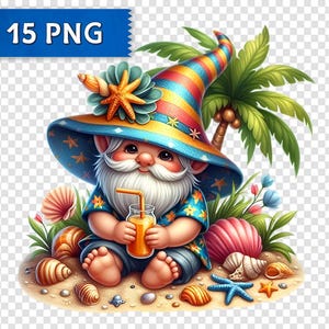 Island Gnome Summer Clipart, 15 arquivos PNG com fundo transparente, ilustrações de gnomos de praia tropical para sublimação e artesanato