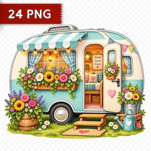 May include: A light blue and cream vintage camper trailer with a striped awning, string lights, and flower boxes filled with sunflowers and daisies. The open door reveals a cosy interior with a sign reading Home Sweet Home and a heart-shaped cutout.