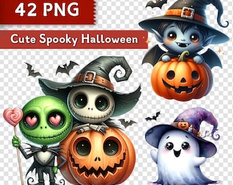 Spooky Halloween Clipart Bundle - 42 PNG Images, Kawaii Adorable Characters, Transparent Background