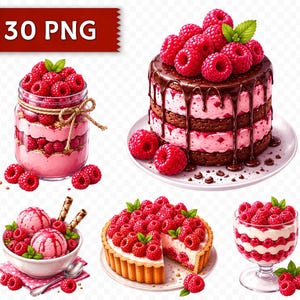 May include: A collection of raspberry desserts including a layered jar, a chocolate-drizzled cake, ice cream in a bowl, a tart with a slice removed, and a glass parfait, all topped with fresh red raspberries and small green mint leaves.