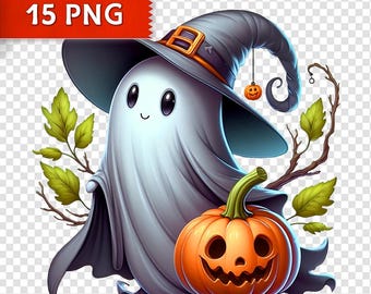 Halloween Ghost Clipart Bundle - 15 PNGs with Transparent Background, Spooky Witch Ghosts with Pumpkins