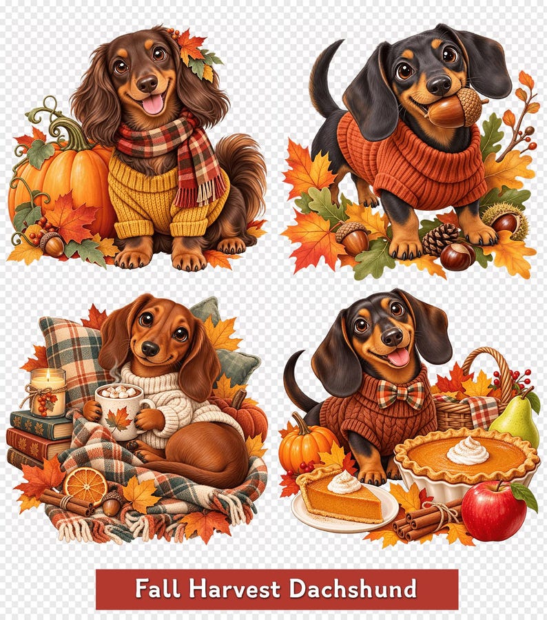 Fall Harvest Dachshund Clipart Bundle, 30 Watercolor PNG, Autumn Dog ...