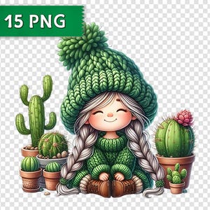 Pacote de clipart de menina gnomo com cactos e suculentas, 15 arquivos PNG, gnomo de jardim fofo com plantas, fundo transparente, gráficos de sublimação