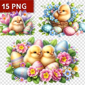 Op de afbeelding: Een verzameling van drie digitale illustraties met Pasen-thema's. Elke afbeelding toont pluizige gele kuikens, versierde paaseieren en kleurrijke bloemen. De afbeeldingen staan tegen een transparante achtergrond, perfect voor diverse ontwerpprojecten.