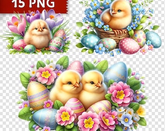 Easter Chicks Clipart Bundle - 15 PNG, Spring Baby Chickens, Easter Eggs & Flowers, Digital Download