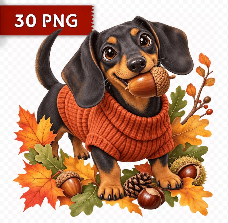 Fall Harvest Dachshund Clipart Bundle, 30 Watercolor PNG, Autumn Dog ...