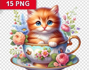 Kitten Clipart Bundle: Floral Cat PNG Illustrations (Digital Download, 15 Files)