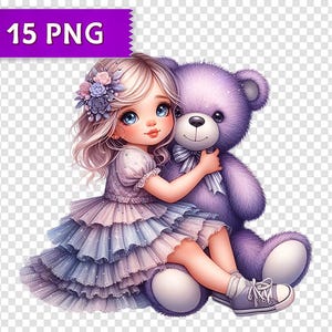 15 lindas chicas con ositos de peluche, imágenes prediseñadas de niña en tonos lila y gris, fondo transparente, imágenes PNG de chicas moradas digitales, sublimación y manualidades