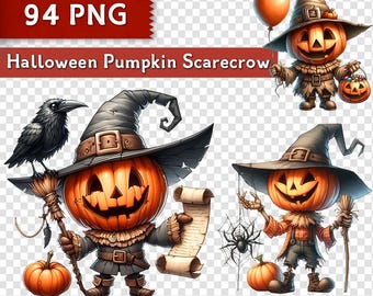 Halloween Pumpkin Scarecrow Clipart Bundle: 94 PNG Fall Pumpkin Man Art (Digital Download)
