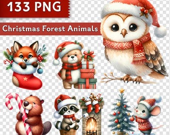 Paquete de imágenes prediseñadas de animales navideños en acuarela: 133 gráficos PNG de bosque (descarga digital)