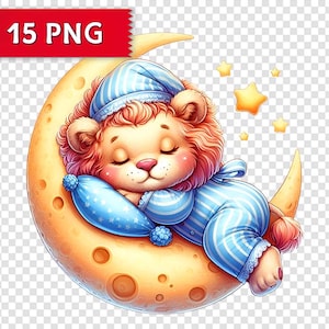 Sleepy Baby Animals Clipart: Moon Nursery PNG Bundle (Digital Download