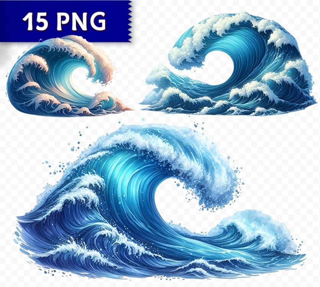 Ocean Waves Clipart Bundle - 15 PNG, Blue Sea Wave, Nautical Clip Art ...