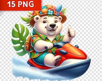 May include: A cartoon polar bear wearing a Hawaiian shirt, shorts, and a hat decorated with flowers and seashells, riding a red and blue jet ski. The bear gives a thumbs up. The image includes the text "15 PNG" in a red banner.