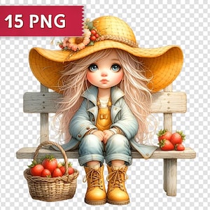 Ensemble de cliparts fille aux fraises - 15 images PNG avec fond transparent - style ferme mignon pour travaux manuels, sublimation et projets de bricolage