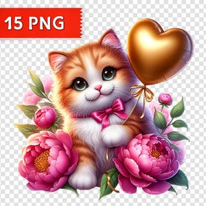 May include: A cute orange and white cat with green eyes holds a gold heart-shaped balloon. The cat is surrounded by pink flowers.