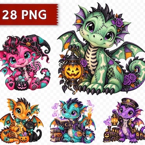 May include: A digital collection of 28 PNG files featuring cartoon dragons in various Halloween themes. The dragons are depicted in pink, green, orange, teal, and purple, adorned with stitches, pumpkins, lanterns, books, and small black cats.