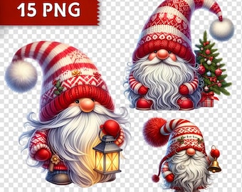 Christmas Gnomes Clipart Set – 15 Red Nordic Gnome PNGs, Festive Holiday Graphics