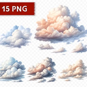 Cloud Clipart Bundle - 15 PNG Watercolor Clouds, Dreamy Weather Elements, Commercial Use