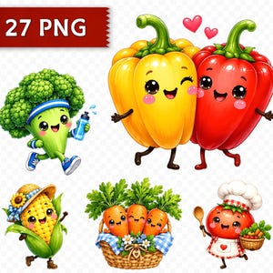 May include: A digital illustration set featuring 27 PNG files of anthropomorphic vegetables with faces. Characters include a broccoli athlete, a yellow and red bell pepper pair, a corn cob with a hat, carrots in a basket, and a tomato chef.