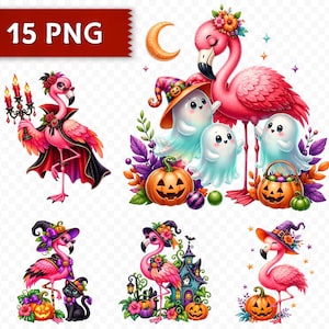May include: A digital collection of 15 PNG illustrations featuring pink flamingos in Halloween costumes, including capes, witch hats, and floral crowns. The graphics include ghosts, jack-o'-lanterns, a black cat, and a haunted house, all set against a transparent background.