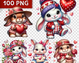 Valentine Bunny Clipart Bundle - 100 Rabbit PNG, Valentine’s Day Animals, Transparent Background