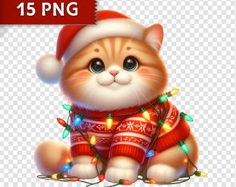 Holiday Cats Clipart | 15 PNG Christmas Kittens Tangled in Lights | Winter Clip Art