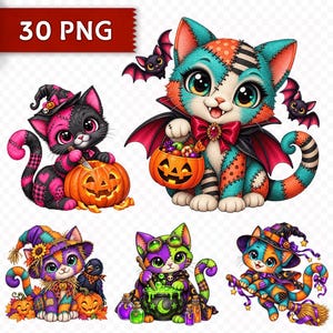 Può includere: Una collezione digitale di 30 file PNG con gatti illustrati in costumi di Halloween. Le immagini includono gatti con pelliccia patchwork, cappelli da strega, mantelli e zucche, insieme a piccoli pipistrelli, un corvo e un calderone verde ribollente.