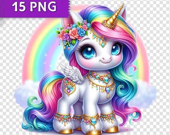 Regenbogen Einhorn Clipart Bundle: 15 skurrile PNGs (digitaler Download)