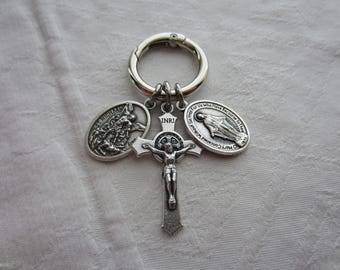 St Benedict Crucifix / St Michael / Miraculous Medal 3Pc Devotional Set, Travel Protection, Prayer Cards & Gift Bag, Men Boy Women Girl
