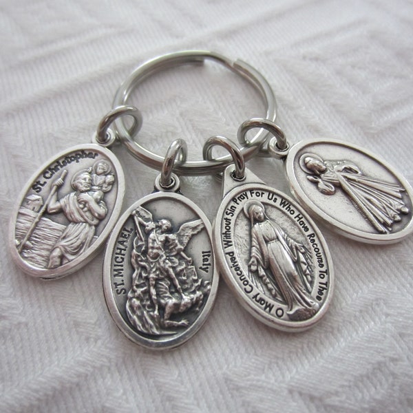 4pc Protection Catholic Medal Keychain, Stainless Steel, St Michael Christopher Miraculous Medal Divine Mercy - Prayer Cards & Gift Bag