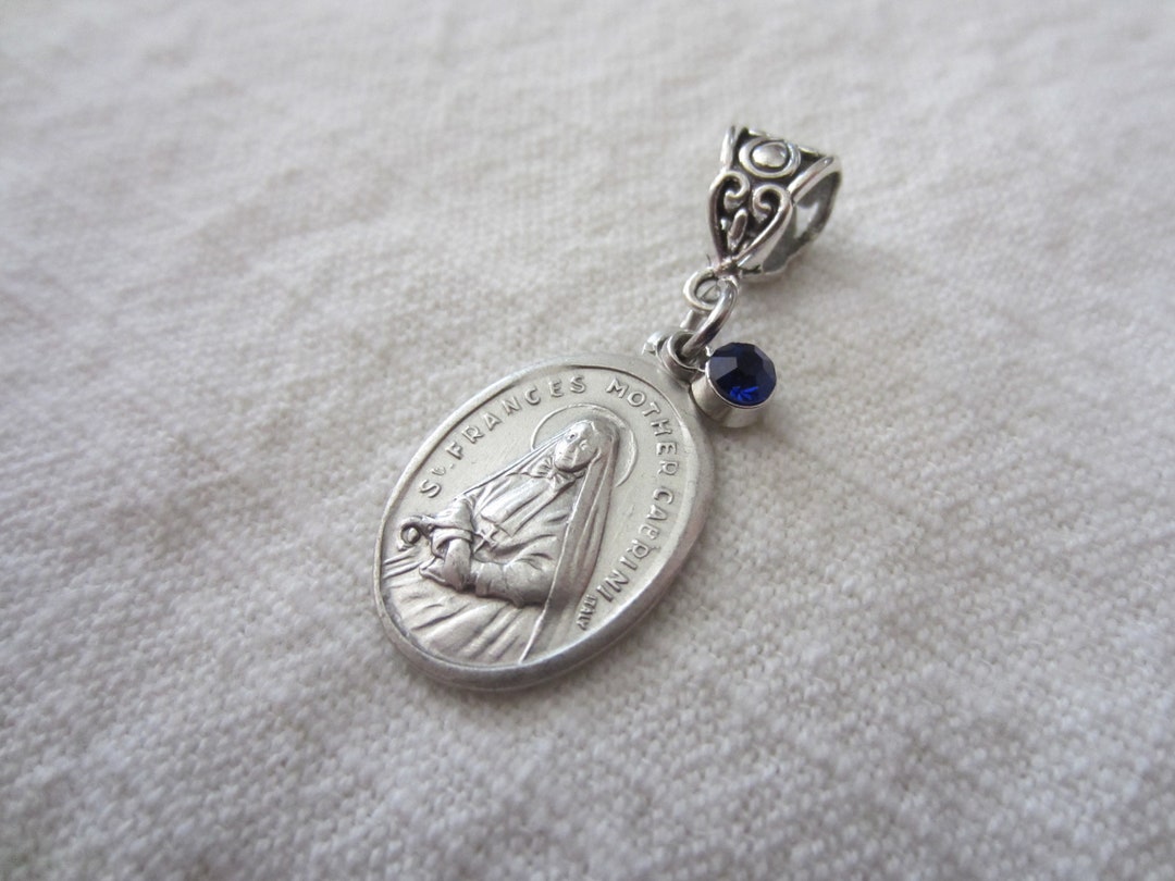 St Frances Mother Cabrini Medal & Dk Blue Glass Charm Pendant, Patron ...