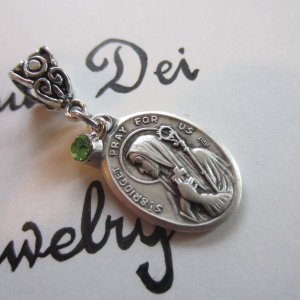 St Bridget / Briget Medal & Lt Green Glass Charm Pendant, Patron Newborn Babies Ireland, Catholic Confirmation Baptism Godmother RCIA Gift