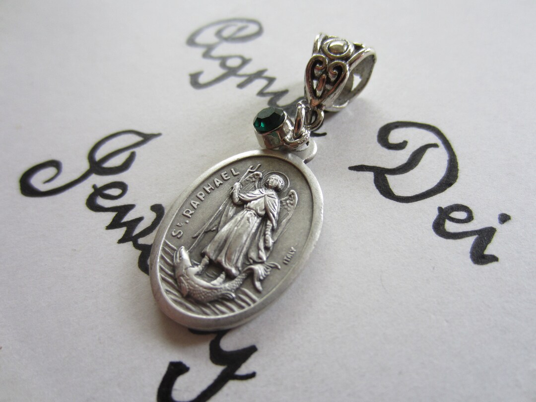 St Raphael Medal & Dk Green Glass Charm Pendant, Patron Travelers Blind ...