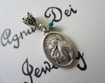 St Anthony Medal & Lt Blue Charm Pendant, Patron Lost Articles Sterility Travel, Catholic Confirmation Baptism Godmother Women Girl Gift