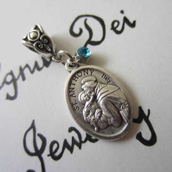 St Anthony Medal & Lt Blue Charm Pendant, Patron Lost Articles Sterility Travel, Catholic Confirmation Baptism Godmother Women Girl Gift