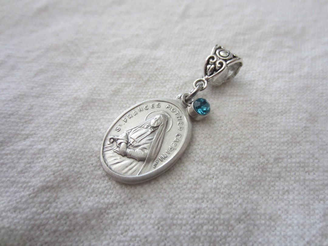 St Frances Mother Cabrini Medal & Lt Blue Glass Charm Pendant, Patron ...