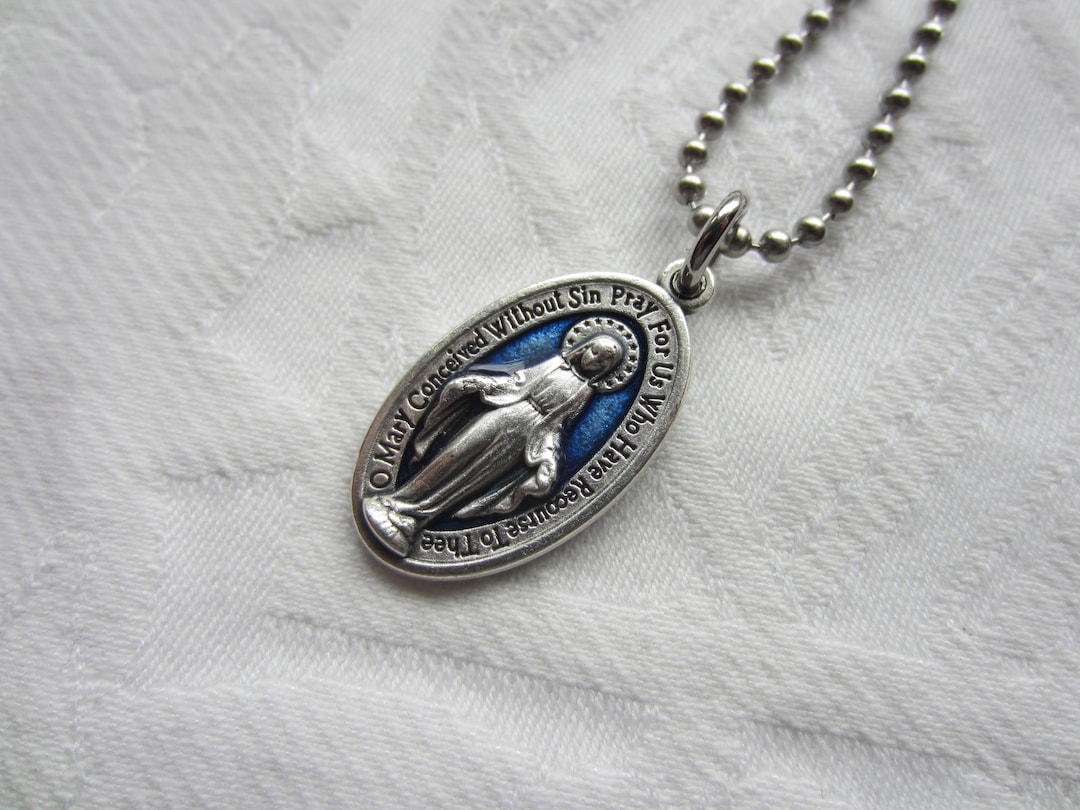 Blue Enamel Miraculous Medal & Necklace Set, Medium Size, Catholic ...