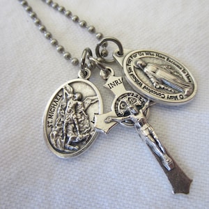 St Benedict Crucifix / St Michael / Miraculous Medal 3Pc Necklace, Stainless Steel, Catholic Protection, Prayer Cards & Gift Bag, Men Women