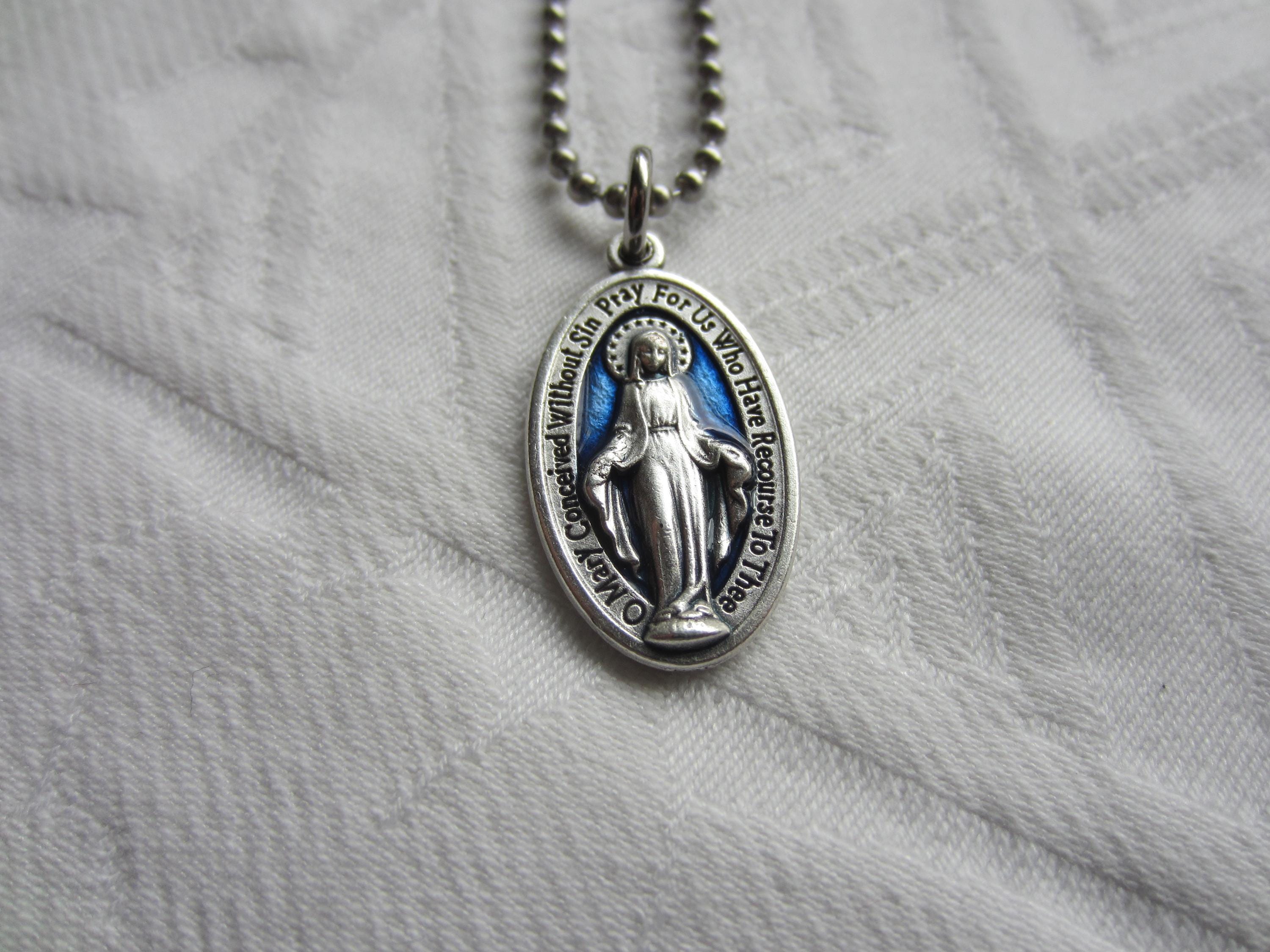 Blue Enamel Miraculous Medal & Necklace Set, Medium Size, Catholic ...