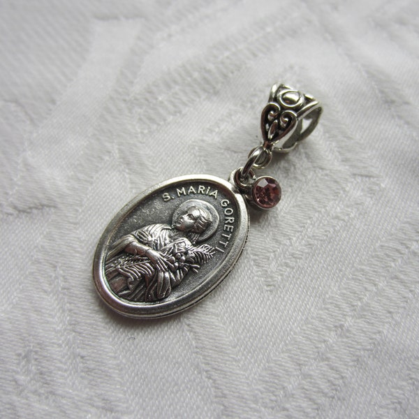 St Maria Goretti Medal & Pink Glass Charm Pendant, Patron Victims of Assault/Young Women/Girls, Catholic Devotional Baptism Women Girl Gift