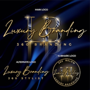 May include: A graphic design featuring the words "Luxury Branding" in gold script, with the letters "LB" as a central design element. The background is a dark blue with flowing, silky textures. Additional text includes "360 BRANDING" and "360 STYLIST".